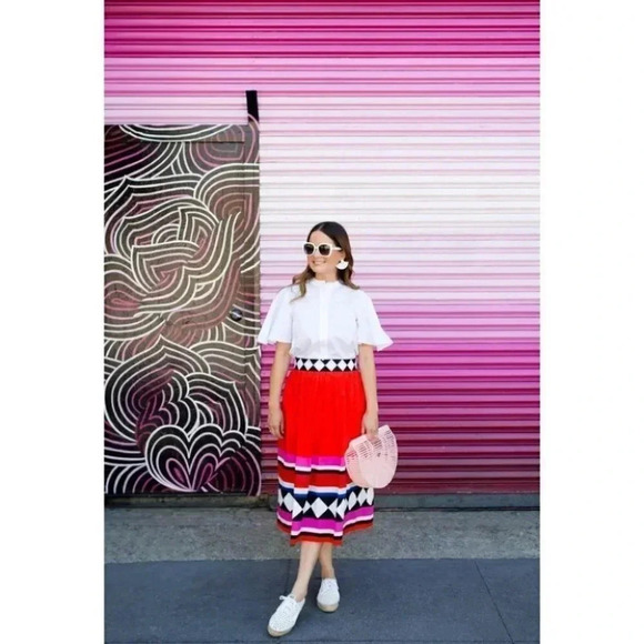 Kate Spade - Red Multi Haute Stuff Geo Border Poplin A-line Midi Skirt - Picture 5 of 9